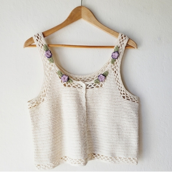 Vintage Tops - Vintage Knit Sweater Tank Crochet Flowers Cream